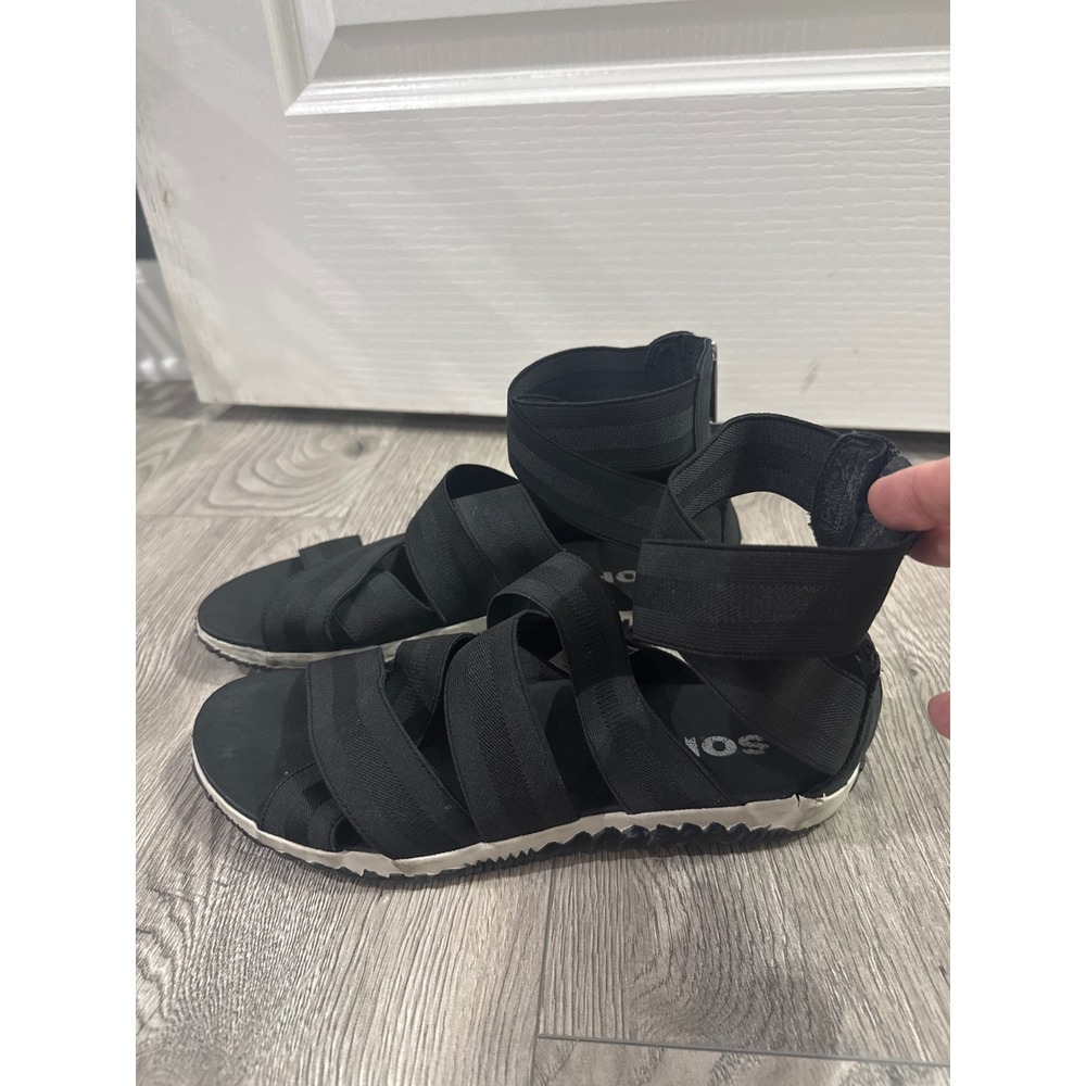 Sorel Ella Gladiator Sandals Black Elastic Strap Back Zip Scalloped Sole Womens